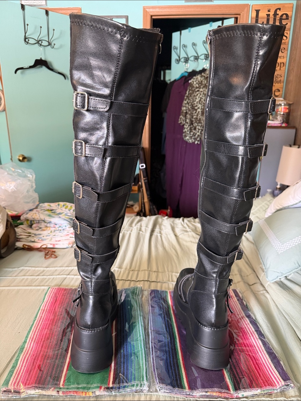 Black Thigh-High Platform Lace-Up Combat Boots - Picture 3 of 6